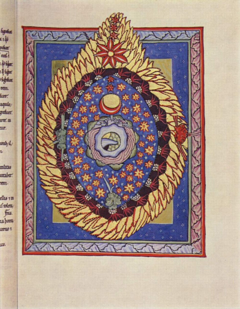 Hildegard's vision of the cosmic human figure within concentric rings of fire and air, held by the divine, from the Liber Divinorum Operum