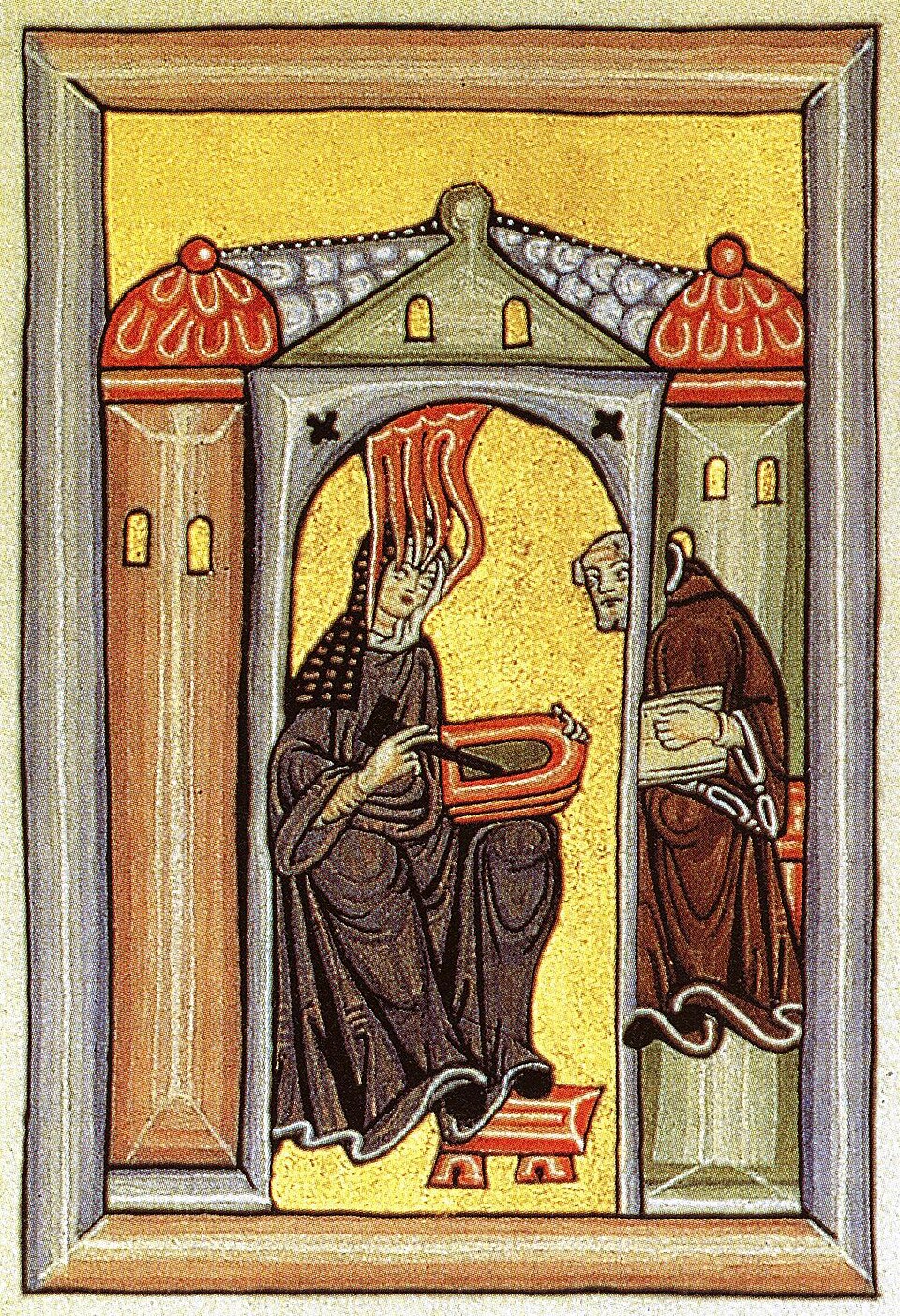 Medieval illumination of Hildegard von Bingen receiving the Living Light as tongues of fire, recording her vision on tablets while her secretary Volmar looks on